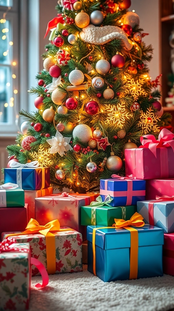 Christmas Wishlist Ideas for Teenage Girls A Christmas tree with wrapped gifts, including fashion items, beauty products, and tech gadgets.